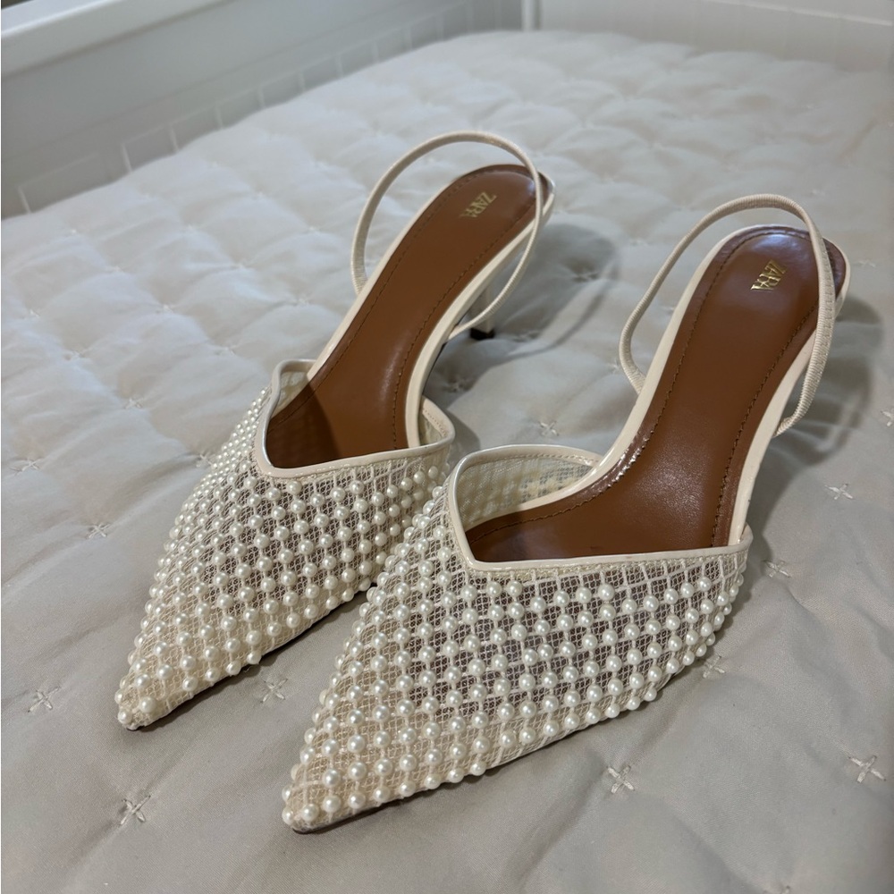 Zara Cream Pearl Slingback Heels